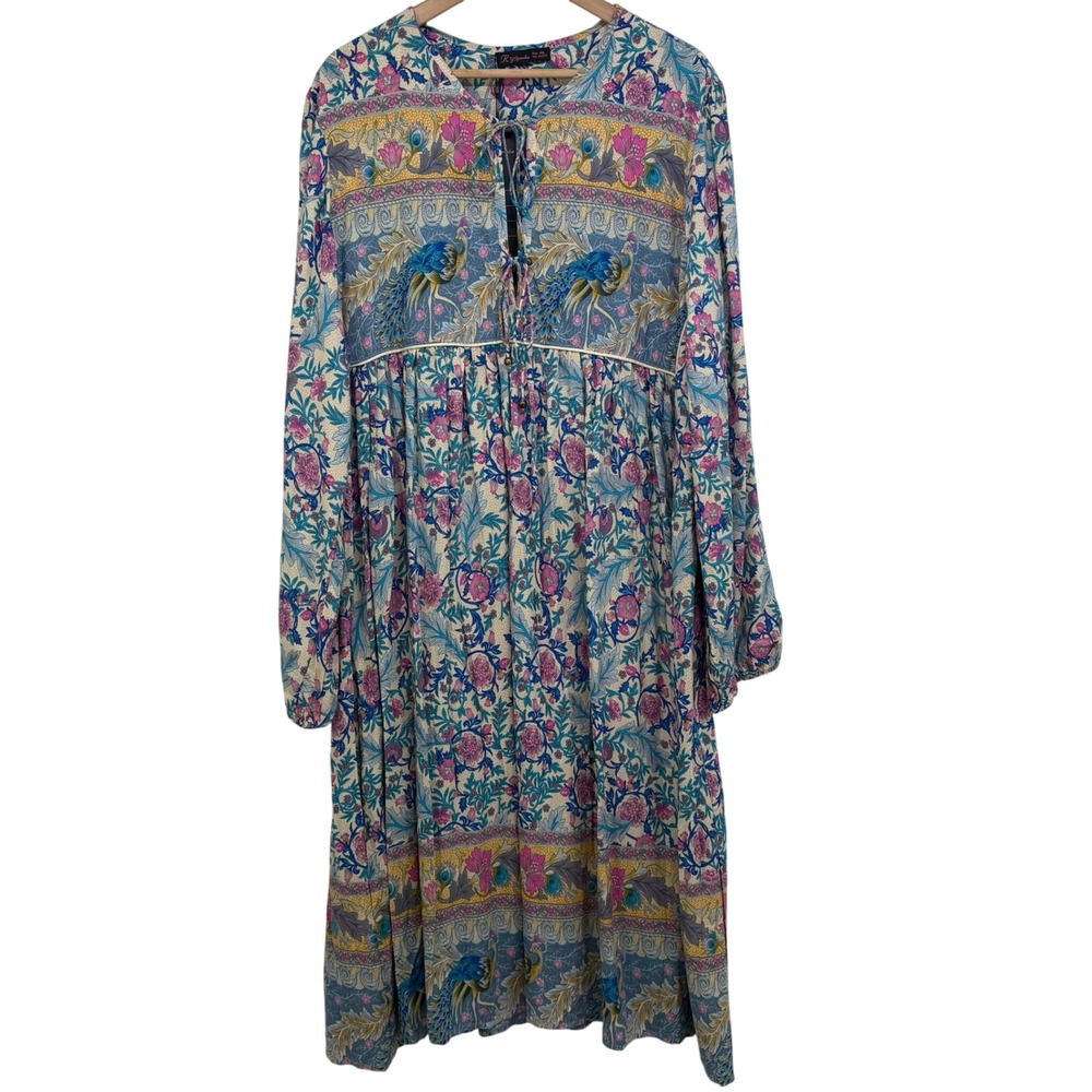 R.Y.Iposha Peacock Floral Boho Midi Dress XXL 20/22 Blue Pink Tie Neck Boho